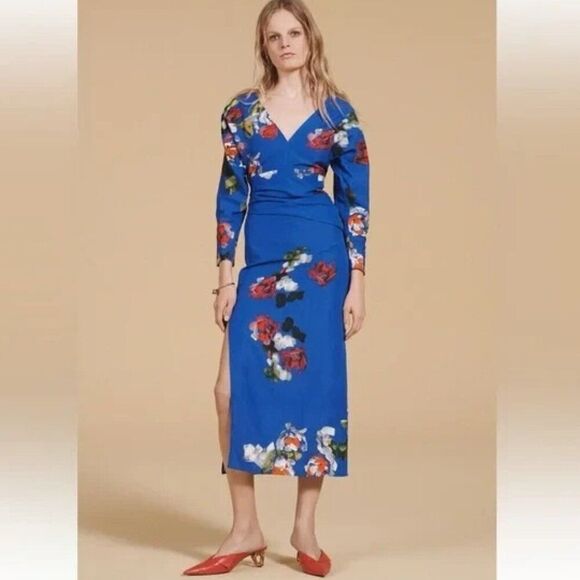 Zara Womens Midi Dress XS Blue Draped Painted Floral Linen blend 2466/798 NWT - Picture 1 of 13